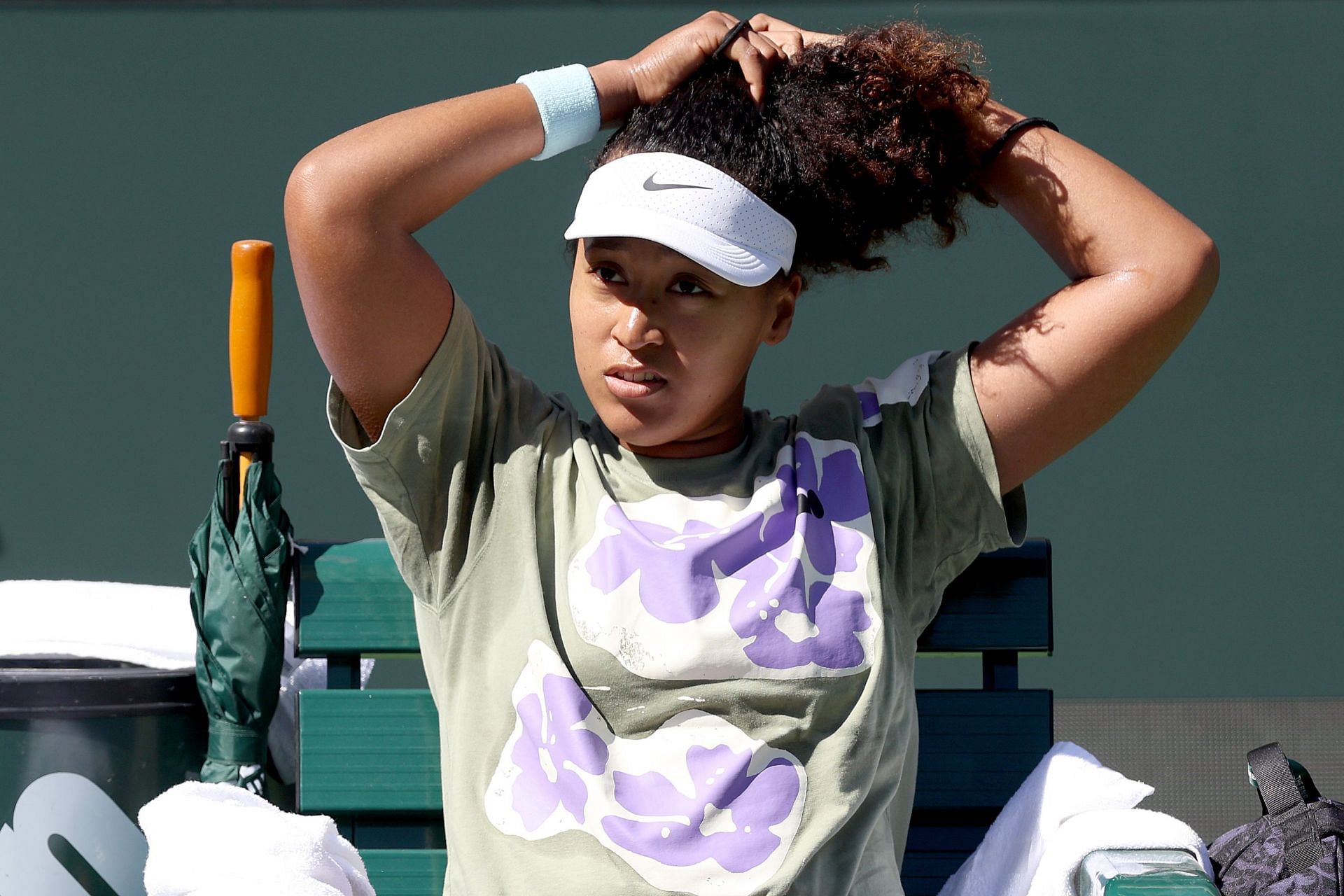 Naomi Osaka looks on during a practice session ahead of BNP Paribas Open 2024.